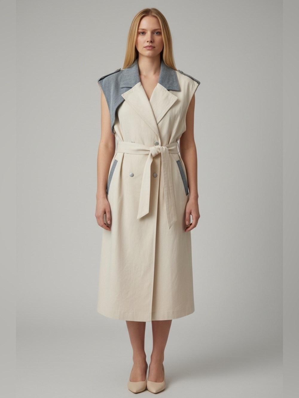 Sophisticated Sleeveless Trench Dress with denim application size 44 / 10